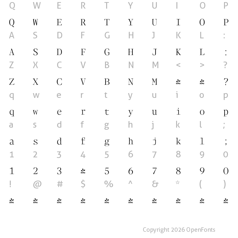 Character Map of FONTSPRING DEMO - Blacker Mono Light Regular