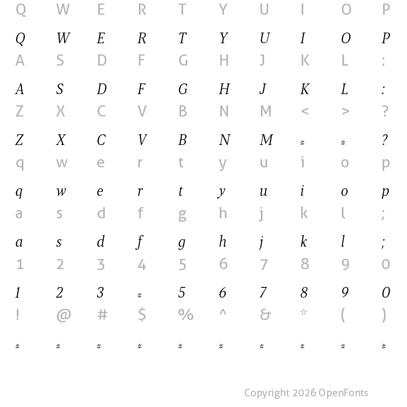 Character Map of FONTSPRING DEMO - Blacker Pro Cond Tx Lt Italic