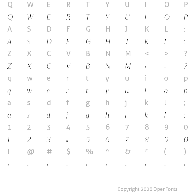 Character Map of FONTSPRING DEMO - Blacker Sans Display Extralight Italic