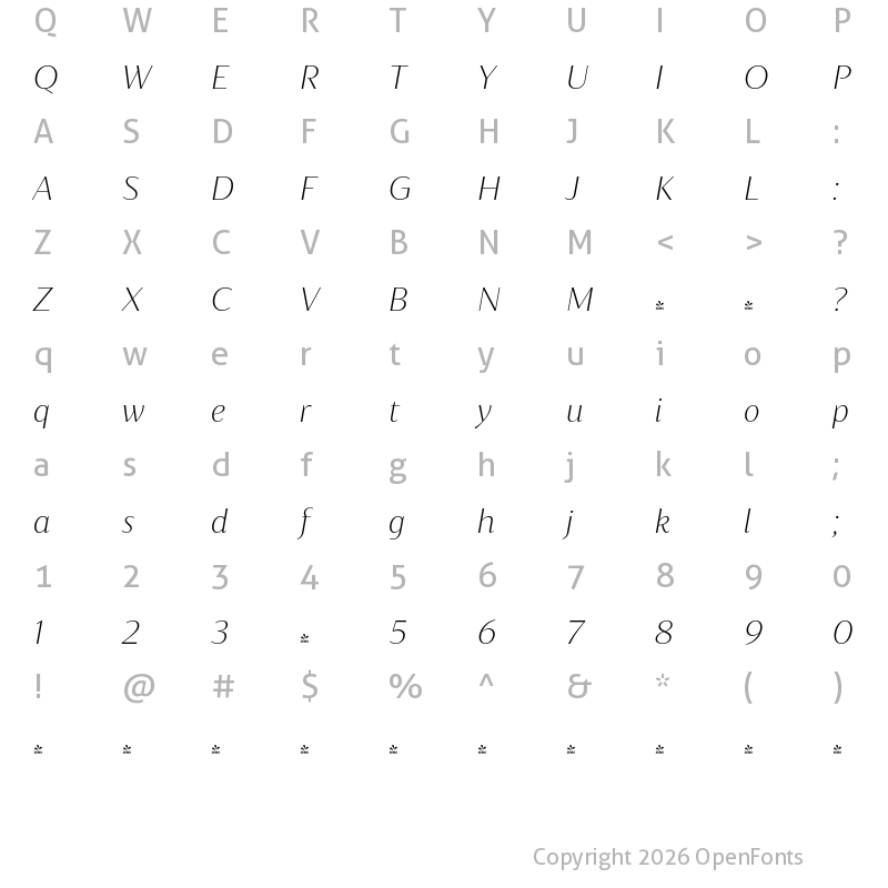 Character Map of FONTSPRING DEMO - Blacker Sans Text Extralight Italic