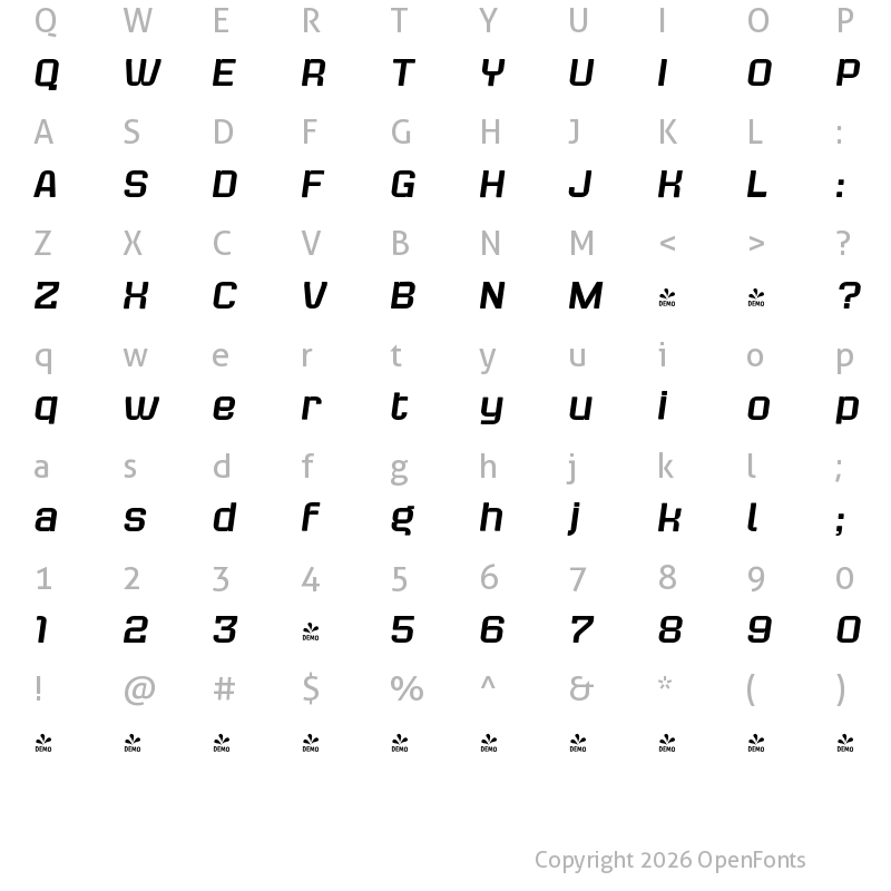Character Map of FONTSPRING DEMO - Bladi Two 4F Italic