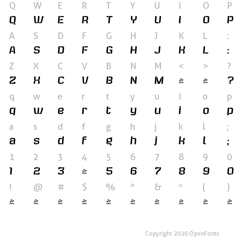 Character Map of FONTSPRING DEMO - Bladi Two Stencil 4F Italic
