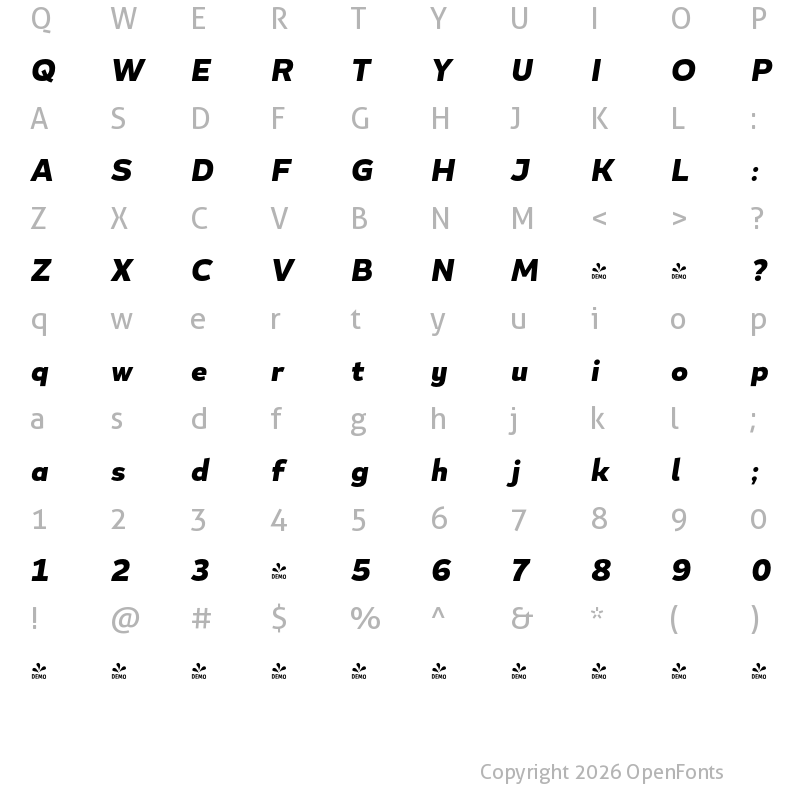 Character Map of FONTSPRING DEMO - Blanc Bold Italic