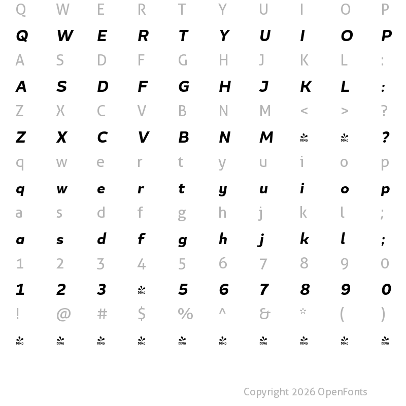 Character Map of FONTSPRING DEMO - Blanc Semibold Italic