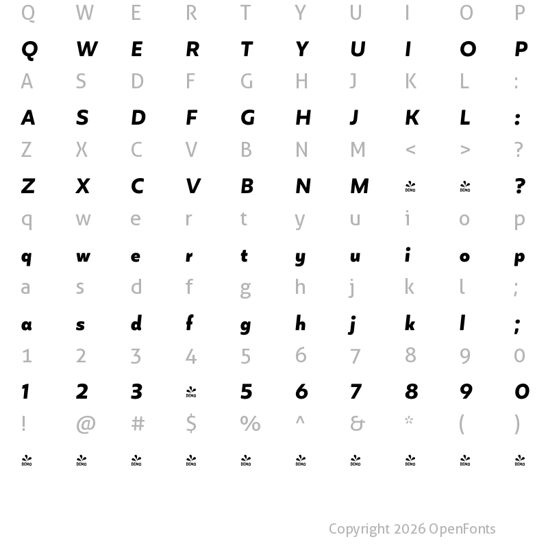 Character Map of FONTSPRING DEMO - Blauth Bold It Regular