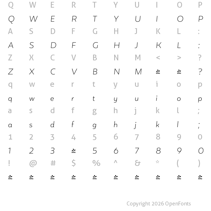 Character Map of FONTSPRING DEMO - Blauth ExtraLight It Regular