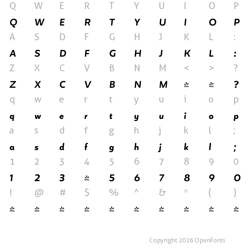Character Map of FONTSPRING DEMO - Blauth SemiBold It Regular
