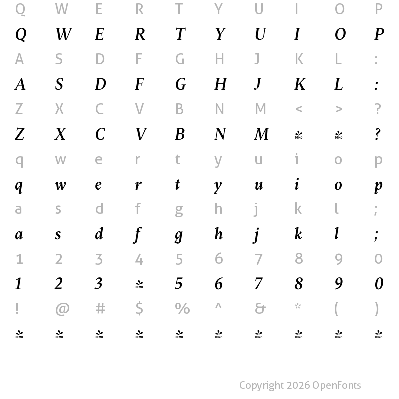 Character Map of FONTSPRING DEMO - Blizka UltraBold Italic