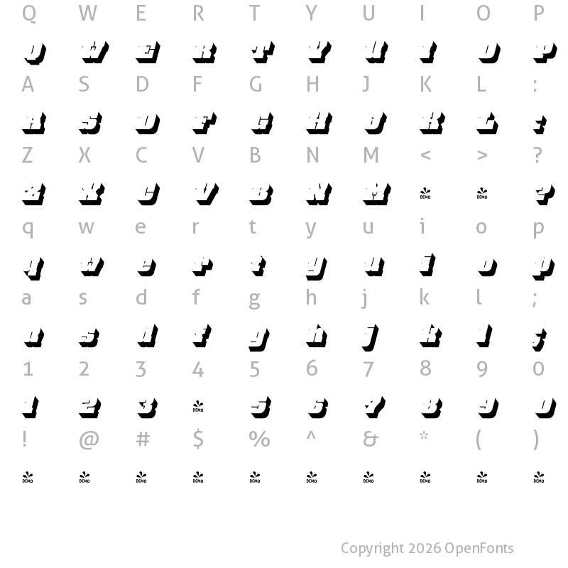 Character Map of FONTSPRING DEMO - Bloque Shadow Italic
