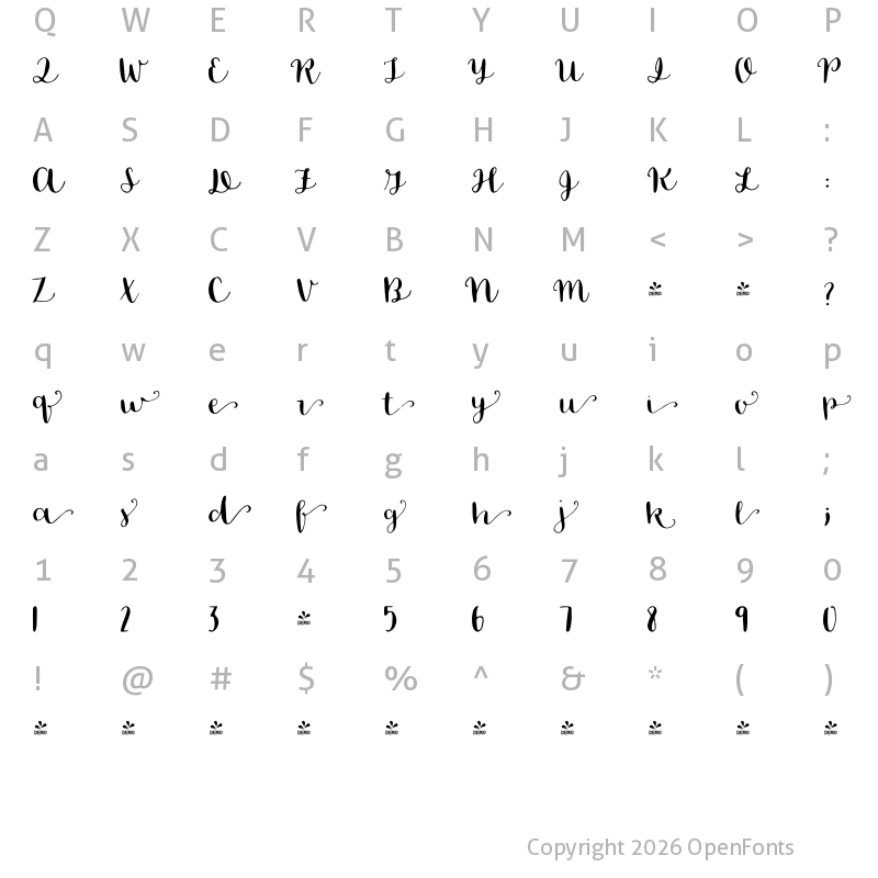 Character Map of FONTSPRING DEMO - Blossom Right Regular