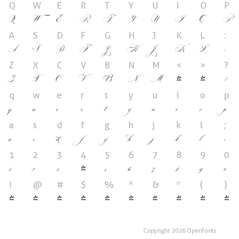Character Map of FONTSPRING DEMO - Bodega Script Regular