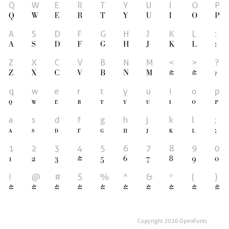 Character Map of FONTSPRING DEMO - Bodoni Antiqua Pro Caps Light Regular