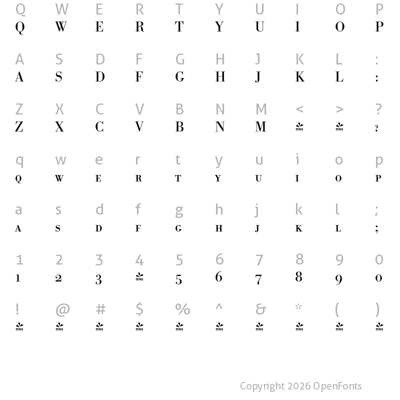 Character Map of FONTSPRING DEMO - Bodoni Antiqua Pro Caps Regular