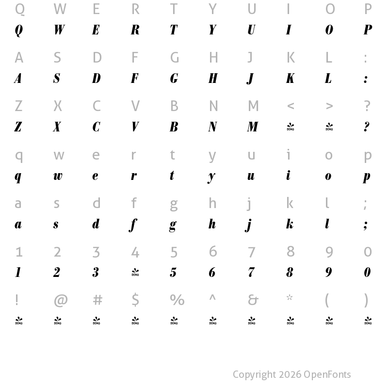 Character Map of FONTSPRING DEMO - Bodoni Antiqua Pro Cd Bold Italic