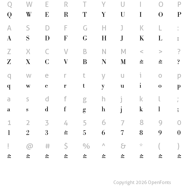 Character Map of FONTSPRING DEMO - Bodoni Antiqua Pro Regular
