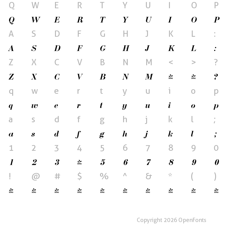 Character Map of FONTSPRING DEMO - Bodoni Bold Italic
