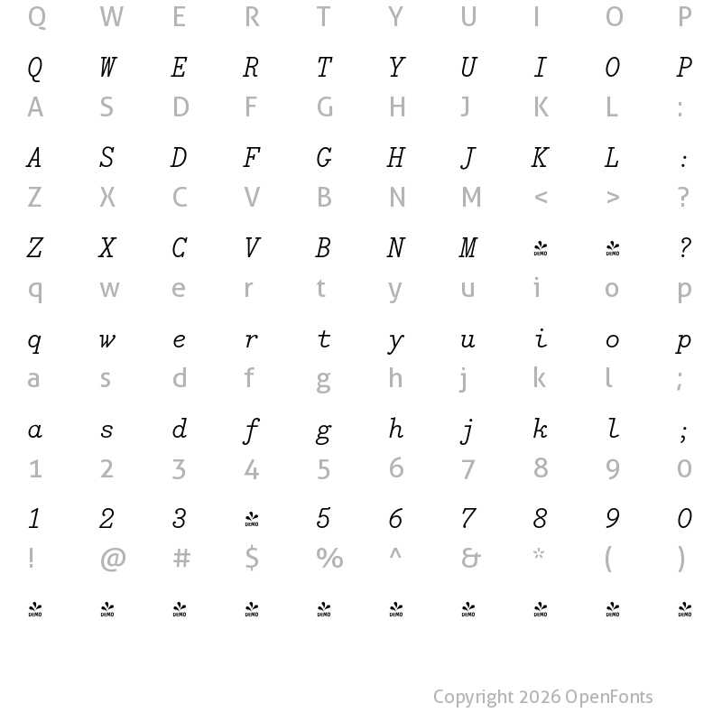 Character Map of FONTSPRING DEMO - Bodoni Egyptian Mono Light Italic