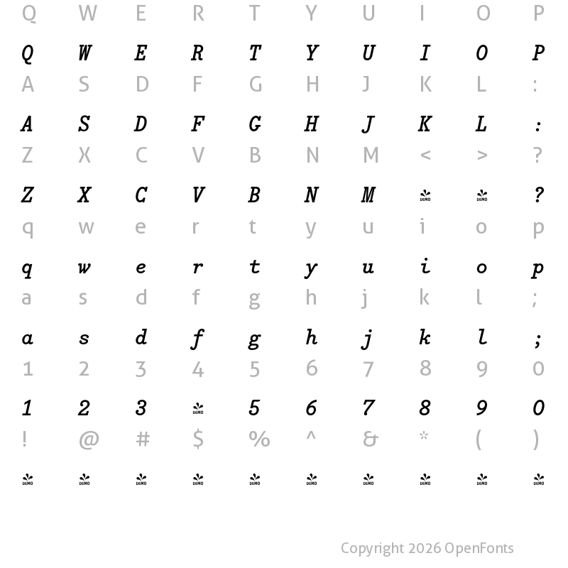 Character Map of FONTSPRING DEMO - Bodoni Egyptian Mono Medium Italic