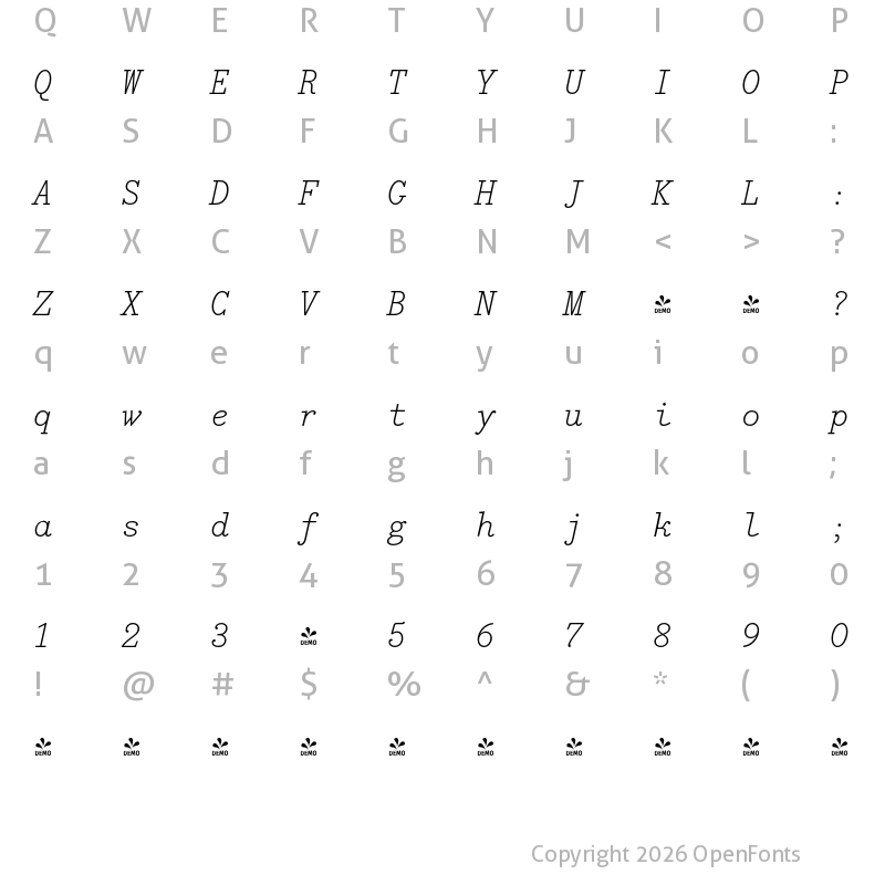 Character Map of FONTSPRING DEMO - Bodoni Egyptian Mono Thin Italic