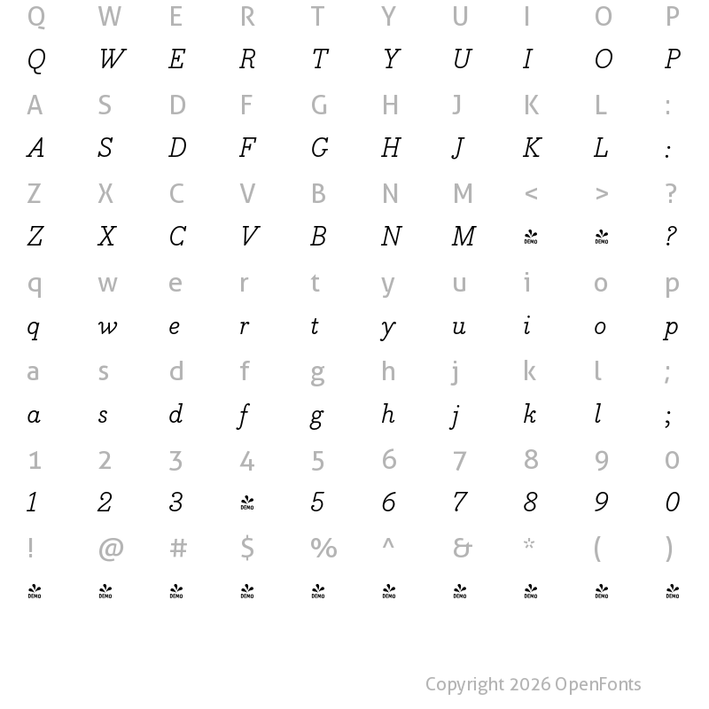 Character Map of FONTSPRING DEMO - Bodoni Egyptian Pro RegularIta Regular