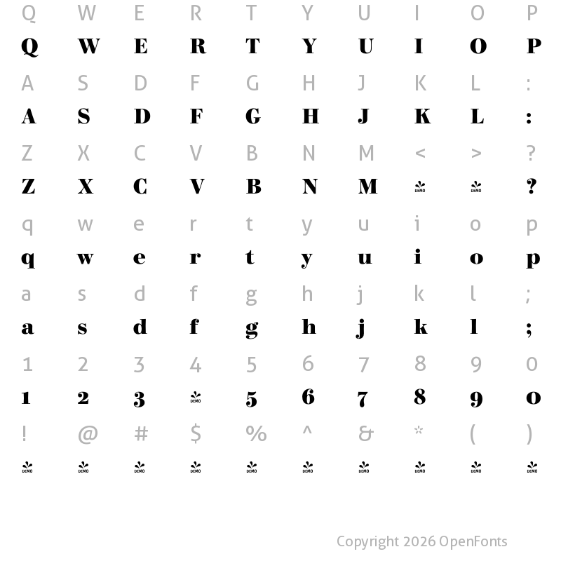 Character Map of FONTSPRING DEMO - Bodoni Elegant ExtBd Regular