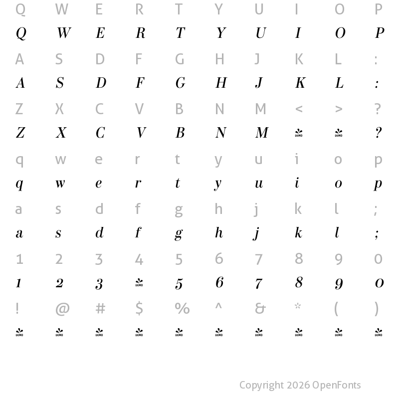 Character Map of FONTSPRING DEMO - Bodoni Elegant Italic
