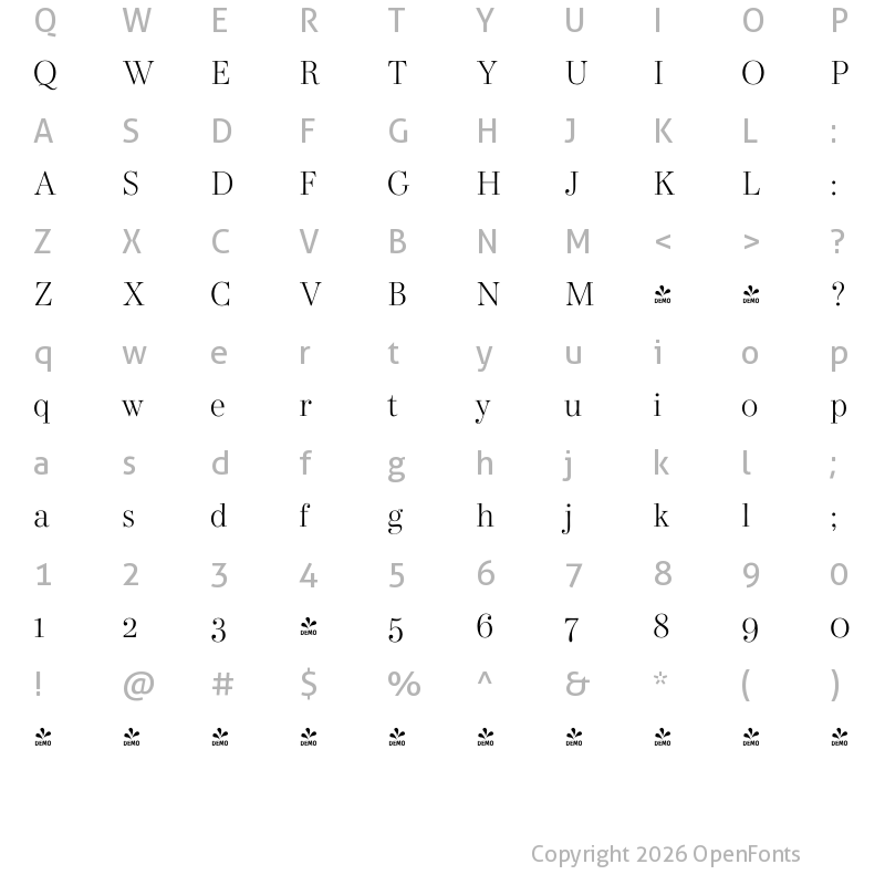 Character Map of FONTSPRING DEMO - Bodoni Elegant Light Regular