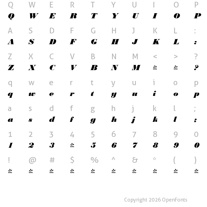 Character Map of FONTSPRING DEMO - Bodoni Pro Black Italic