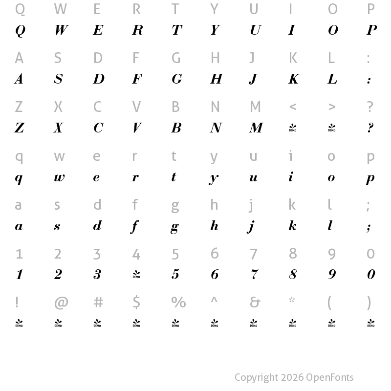 Character Map of FONTSPRING DEMO - Bodoni Pro Demi Italic