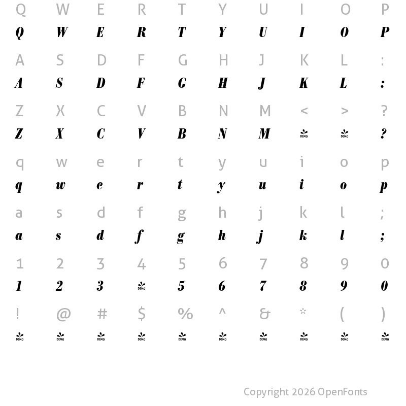 Character Map of FONTSPRING DEMO - Bodoni Recut FS Cd Bold Italic
