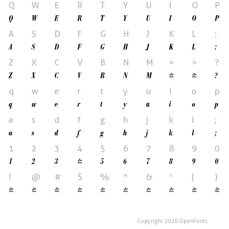 Character Map of FONTSPRING DEMO - Bodoni Recut FS Cd Demi Italic
