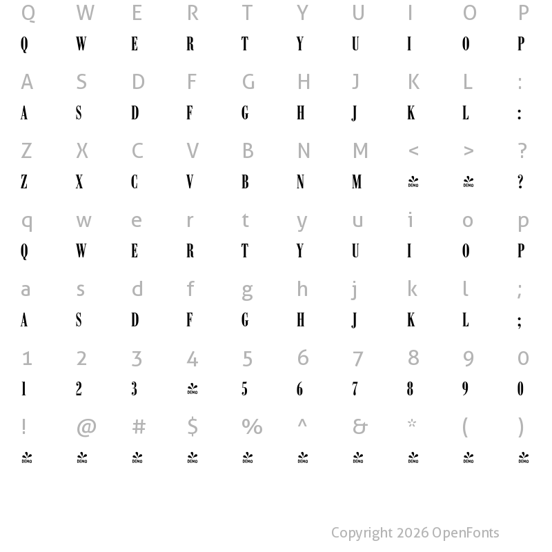 Character Map of FONTSPRING DEMO - Bodoni Recut FS Comp Bold