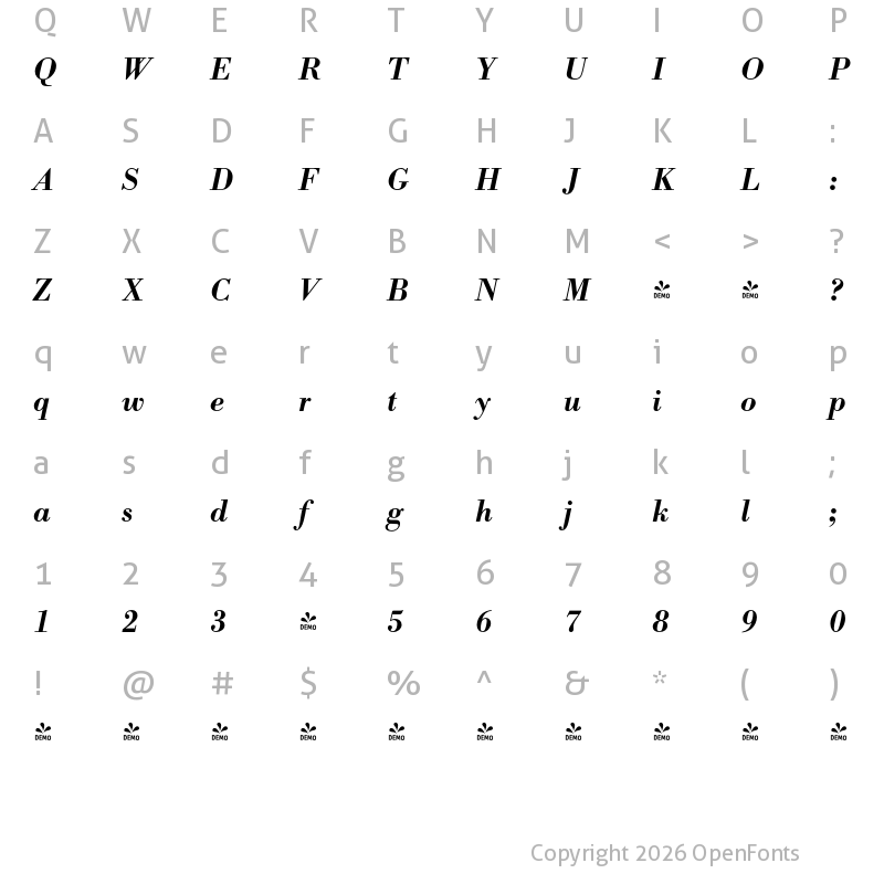 Character Map of FONTSPRING DEMO - Bodoni Recut FS Demi Italic