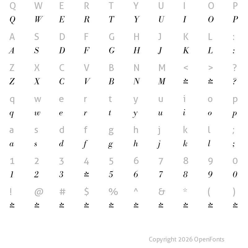 Character Map of FONTSPRING DEMO - Bodoni Recut FS Light Italic