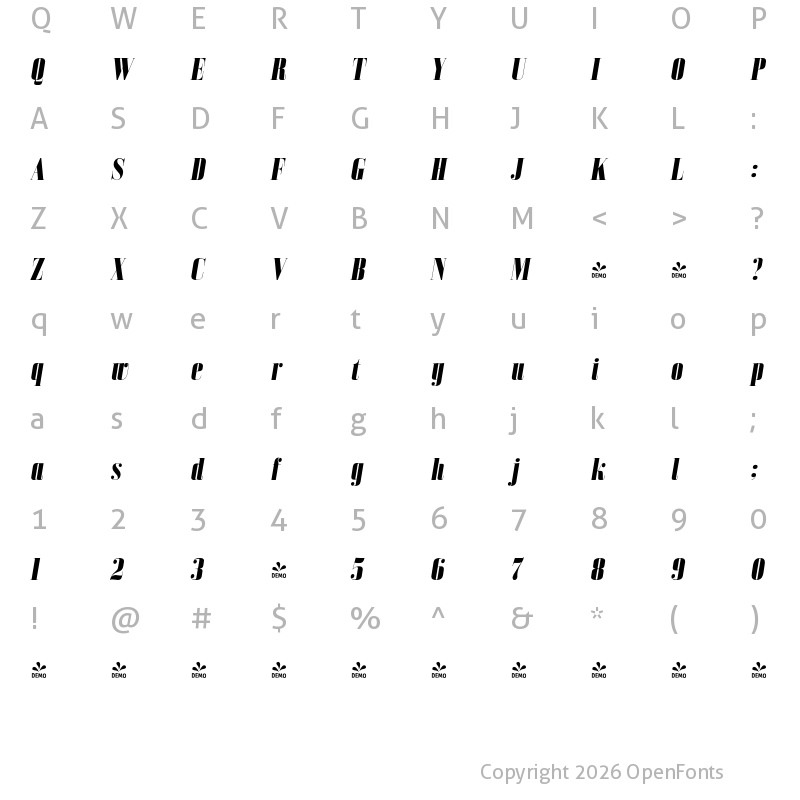 Character Map of FONTSPRING DEMO - Bodoni Z37 L Cd Hv Italic