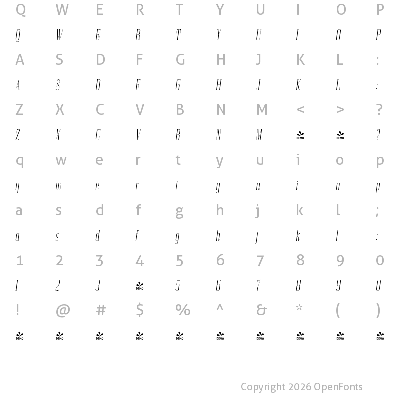 Character Map of FONTSPRING DEMO - Bodoni Z37 L Cp Lt Italic