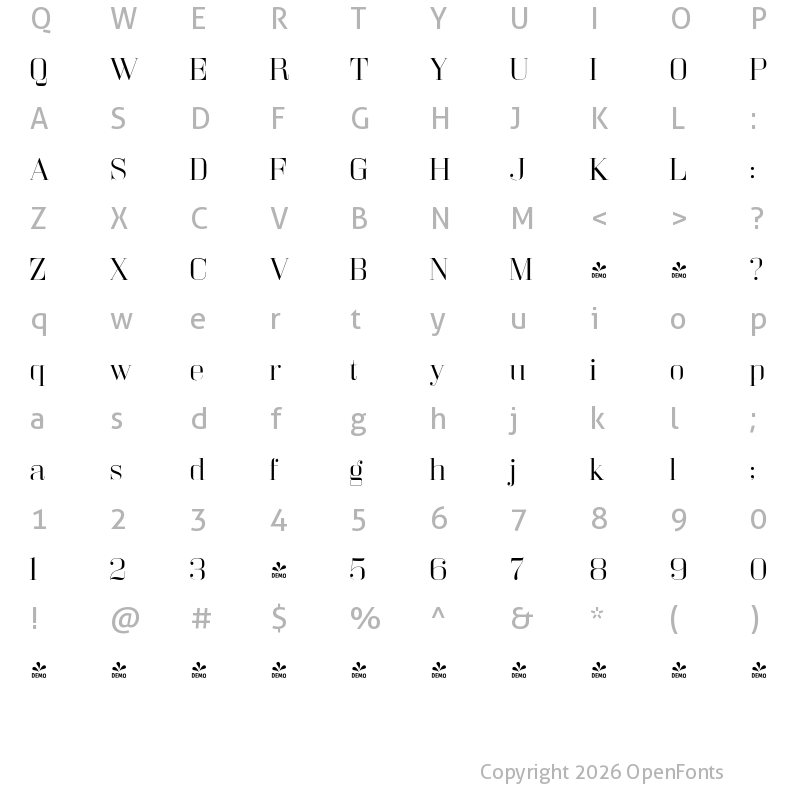 Character Map of FONTSPRING DEMO - Bodoni Z37 L Ex Lt Regular