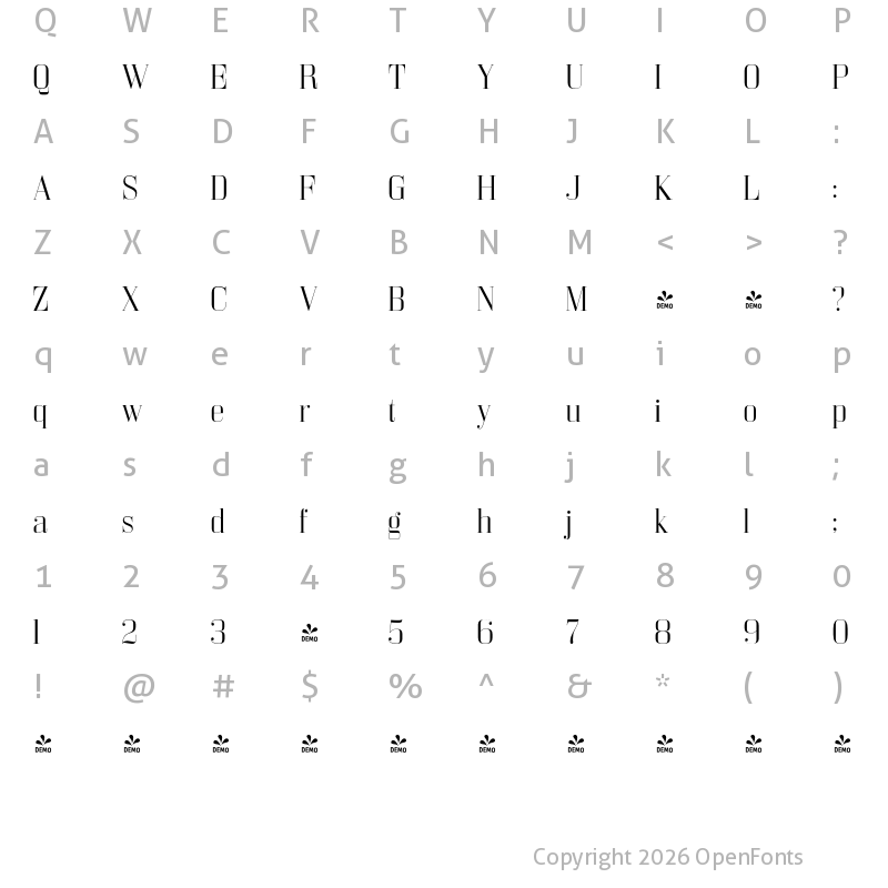 Character Map of FONTSPRING DEMO - Bodoni Z37 L Lt Regular