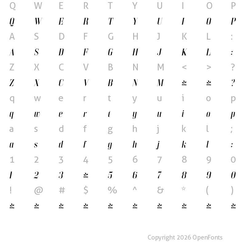 Character Map of FONTSPRING DEMO - Bodoni Z37 L Rg Italic