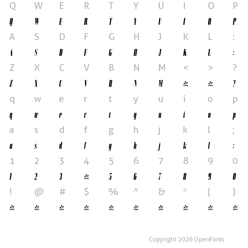 Character Map of FONTSPRING DEMO - Bodoni Z37 M Cp Hv Italic