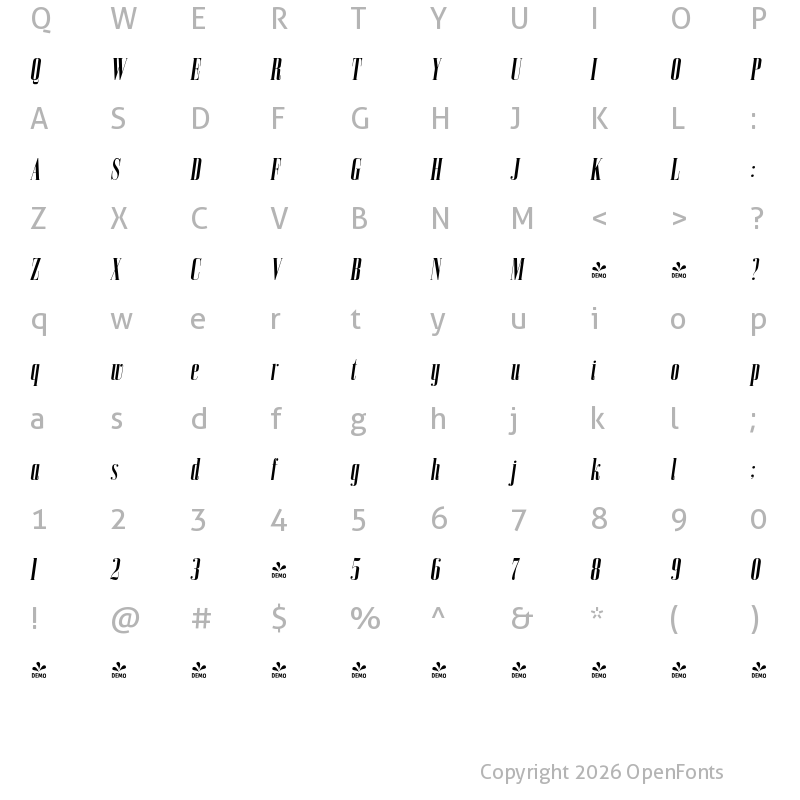 Character Map of FONTSPRING DEMO - Bodoni Z37 M Cp Rg Bold Italic