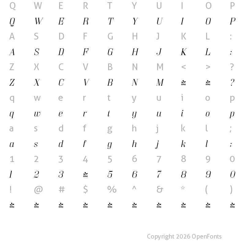 Character Map of FONTSPRING DEMO - Bodoni Z37 M Ex Lt Italic