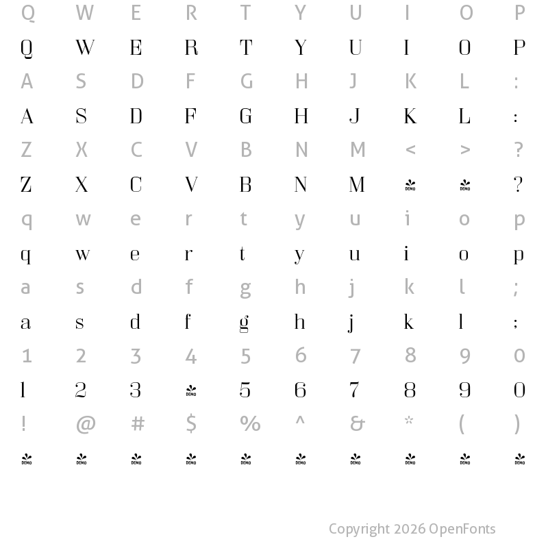 Character Map of FONTSPRING DEMO - Bodoni Z37 M Ex Lt Regular