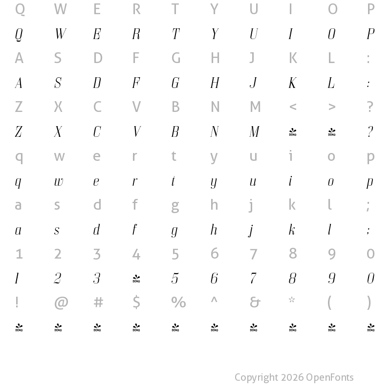 Character Map of FONTSPRING DEMO - Bodoni Z37 M Lt Italic