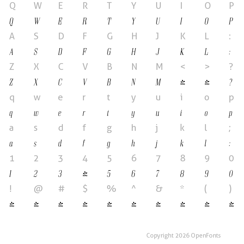 Character Map of FONTSPRING DEMO - Bodoni Z37 S Cd Lt Italic