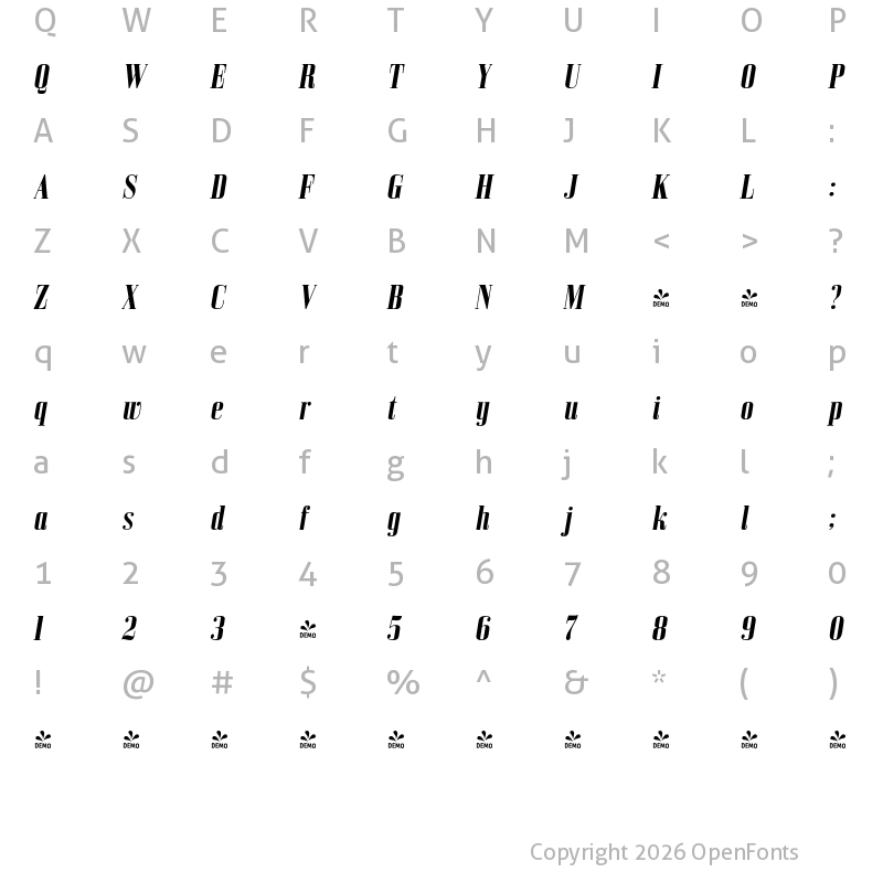 Character Map of FONTSPRING DEMO - Bodoni Z37 S Cd Rg Bold Italic