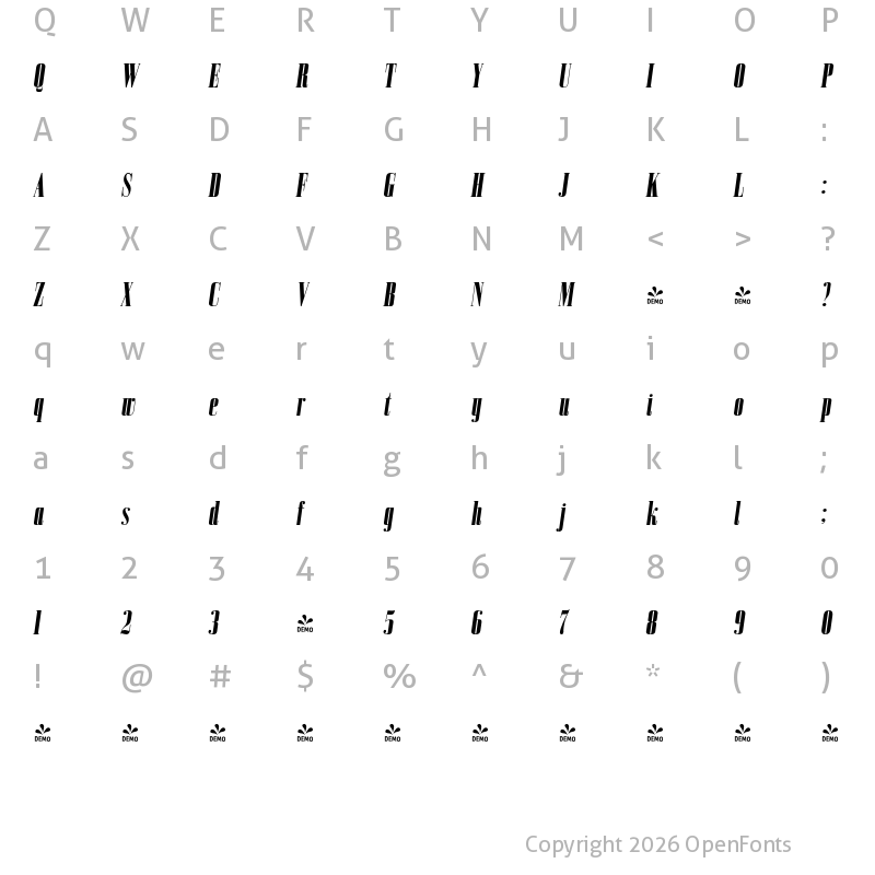 Character Map of FONTSPRING DEMO - Bodoni Z37 S Cp Hv Italic