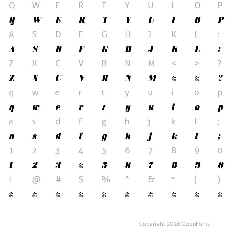 Character Map of FONTSPRING DEMO - Bodoni Z37 S Ex Hv Italic