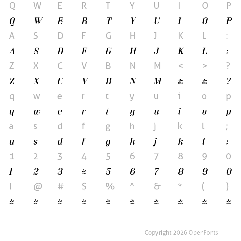 Character Map of FONTSPRING DEMO - Bodoni Z37 S Ex Rg Italic
