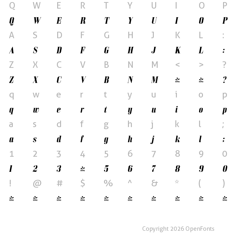 Character Map of FONTSPRING DEMO - Bodoni Z37 S Rg Bold Italic